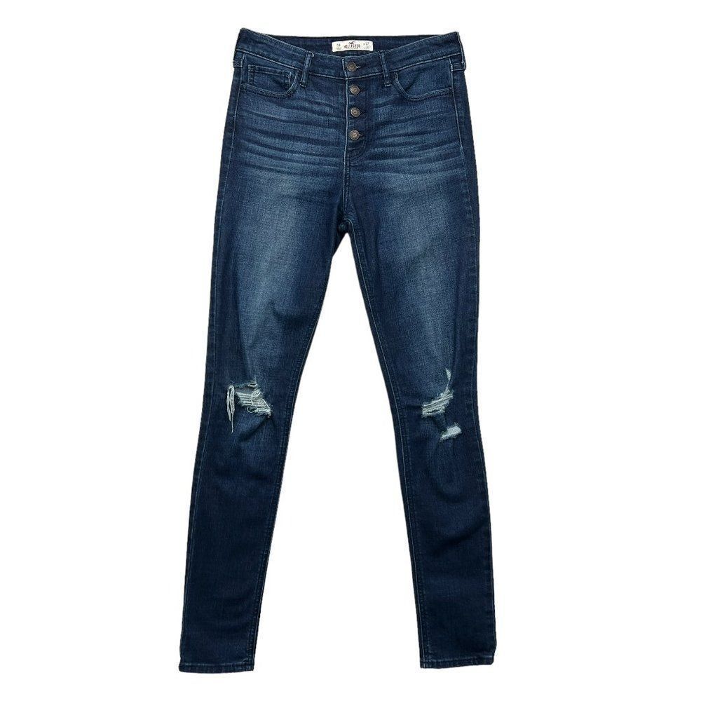 Hollister Jeans Women's Sz 5R Blue Distressed Dark‎ Wash Button Fly Skinny Denim